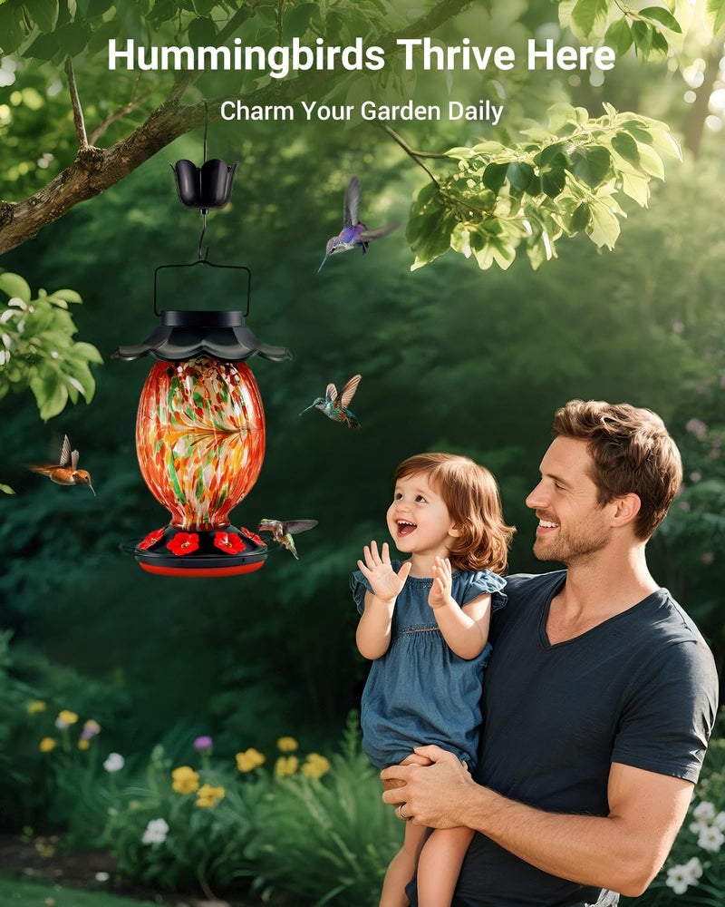 HouseSapp Solar Hummingbird Feeder - 49 fl.oz Hand Blown Glass Color Changing - 7 Feeding Ports with Perch - Never Leak - Perfect Hummingbird Feeder - Image 5